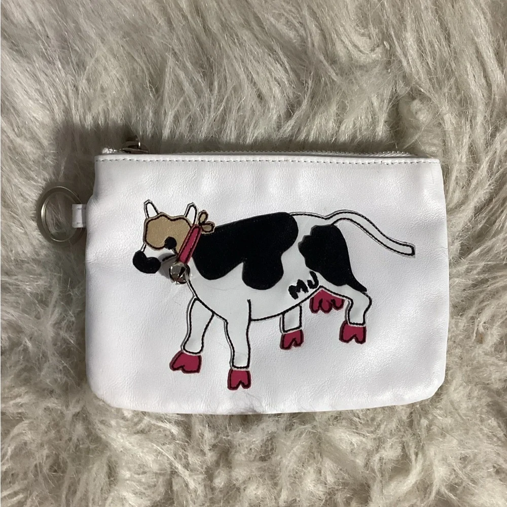 Marc Jacobs Cow on White Leather Top Zip Wristlet Keychain Clutch Bag